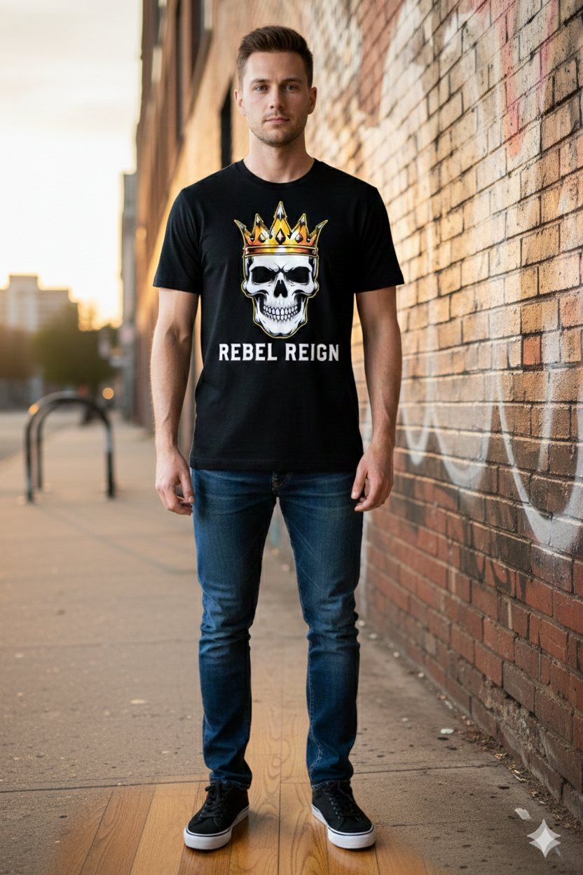 Rebel Reign Skull Tee — Crowned Skull Graphic T-Shirt