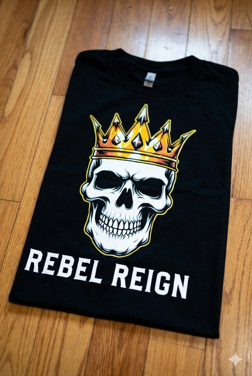 Rebel Reign Skull Tee — Crowned Skull Graphic T-Shirt