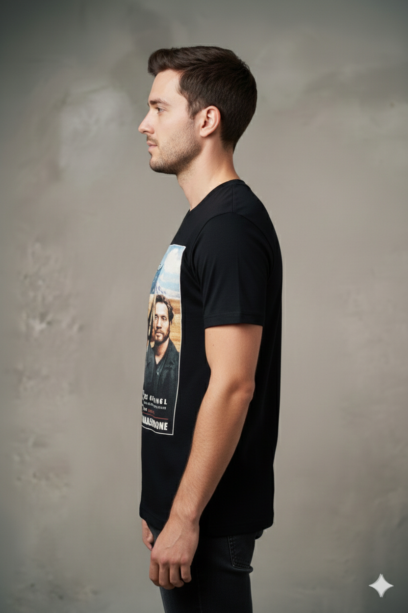 Vintage Rock Band T-Shirt — Retro Photo Tee with Mountain Poster Design