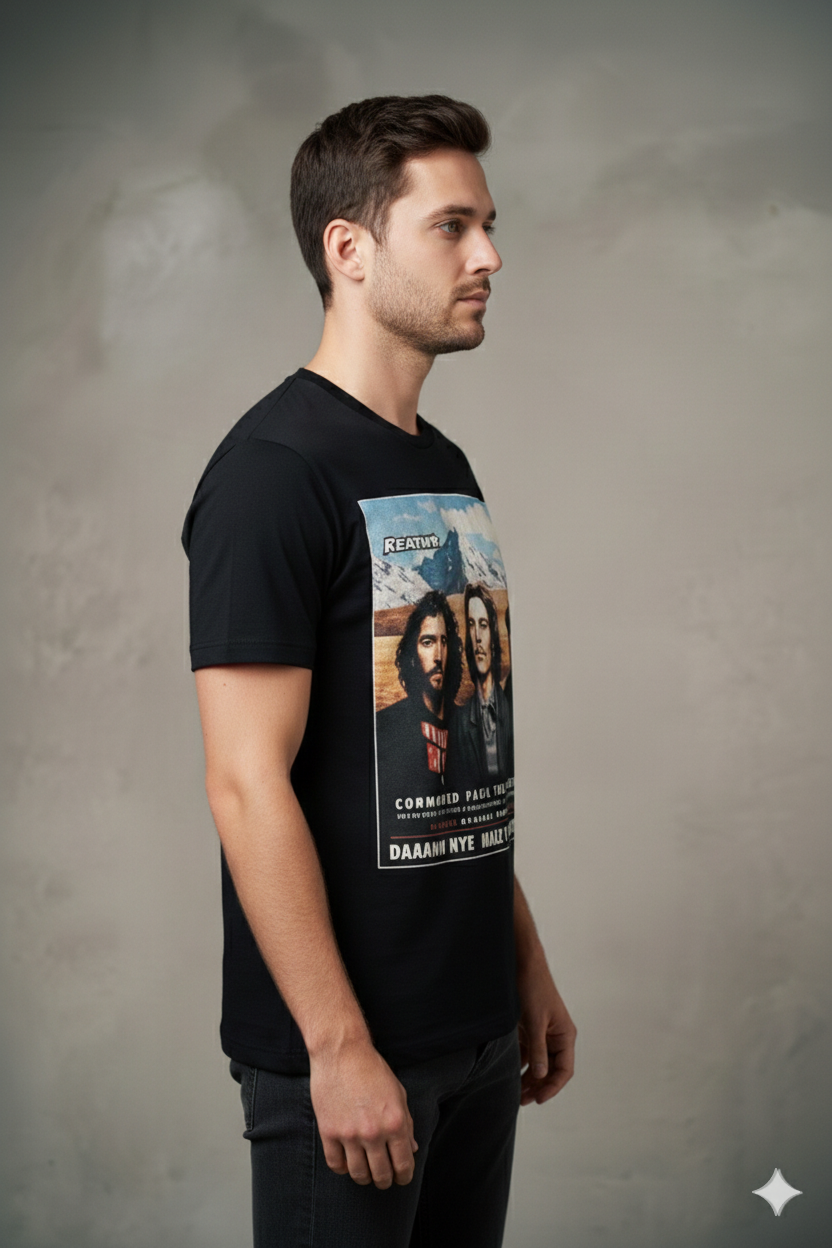 Vintage Rock Band T-Shirt — Retro Photo Tee with Mountain Poster Design
