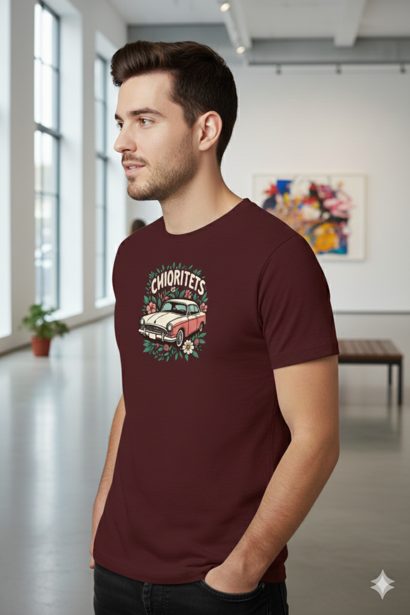 Chiquitets Vintage Car Floral Tee — "CHIQUTETS" Classic Retro Auto T‑Shirt