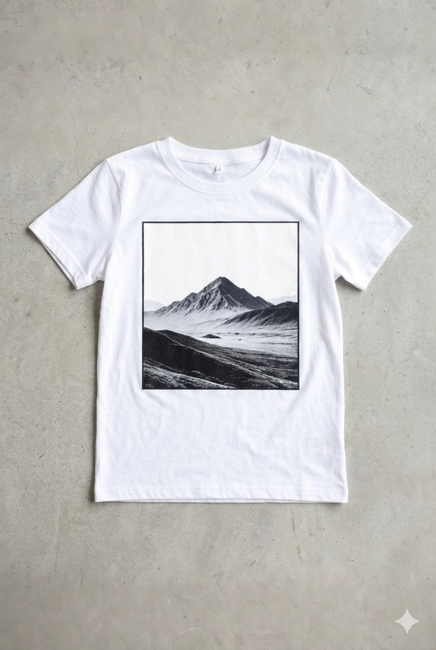 Mountain Landscape Graphic Tee – Black & White Scenic Photo T-Shirt