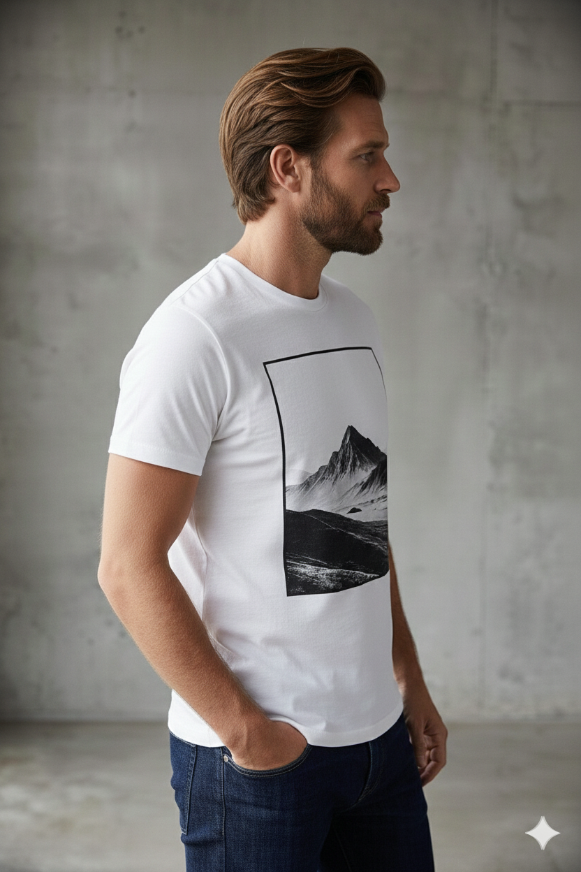 Mountain Landscape Graphic Tee – Black & White Scenic Photo T-Shirt