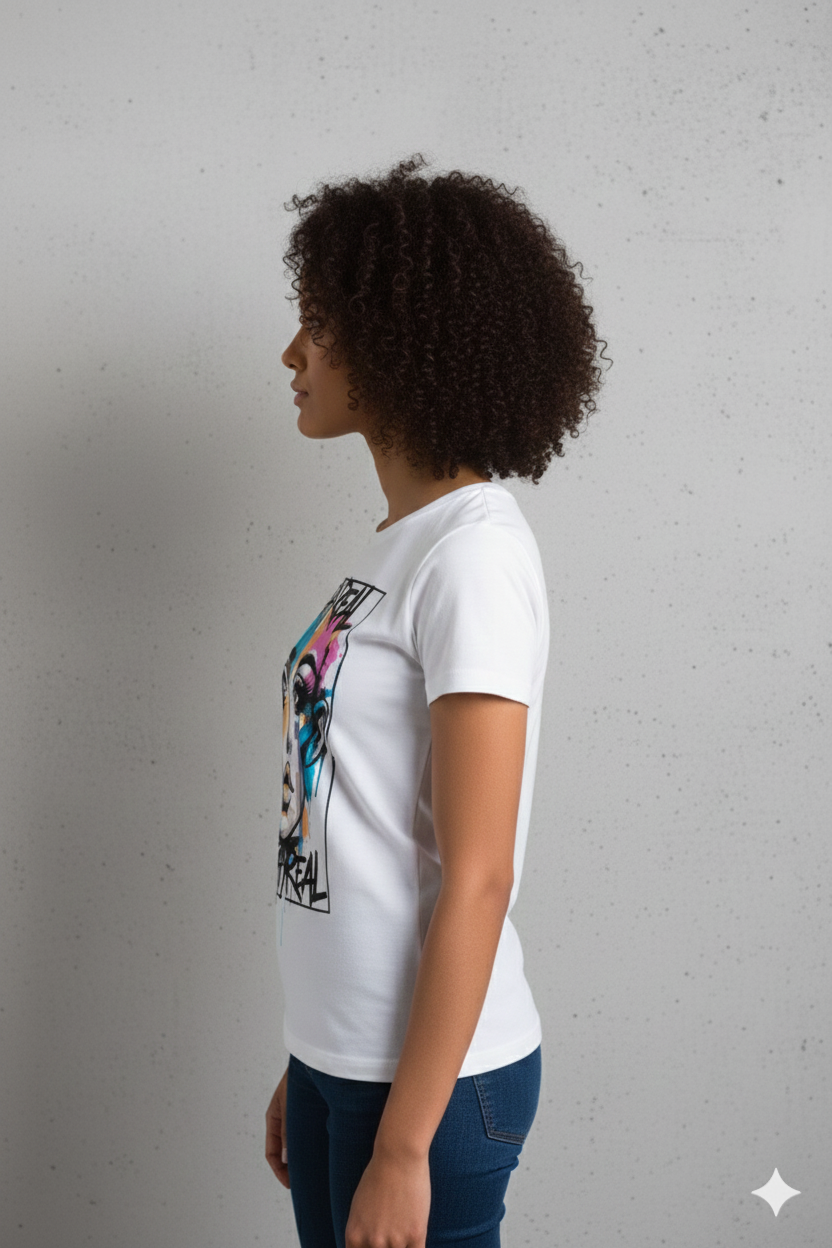 Stay Real Colorful Portrait T-Shirt — Artistic Watercolour Face Graphic Tee