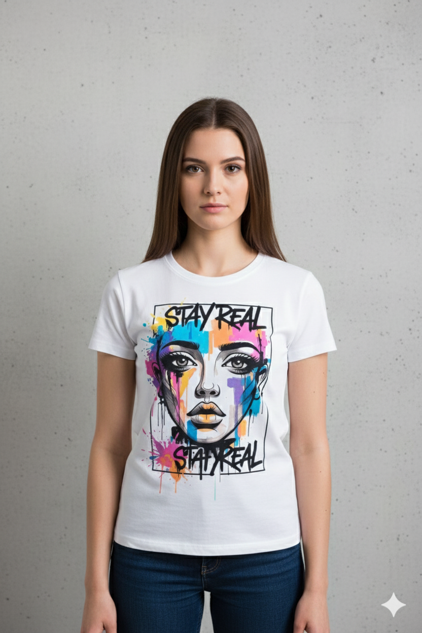 Stay Real Colorful Portrait T-Shirt — Artistic Watercolor Face Graphic Tee