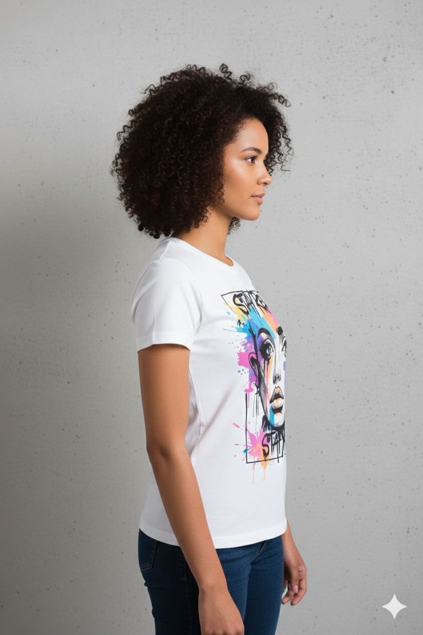 Stay Real Colorful Portrait T-Shirt — Artistic Watercolour Face Graphic Tee