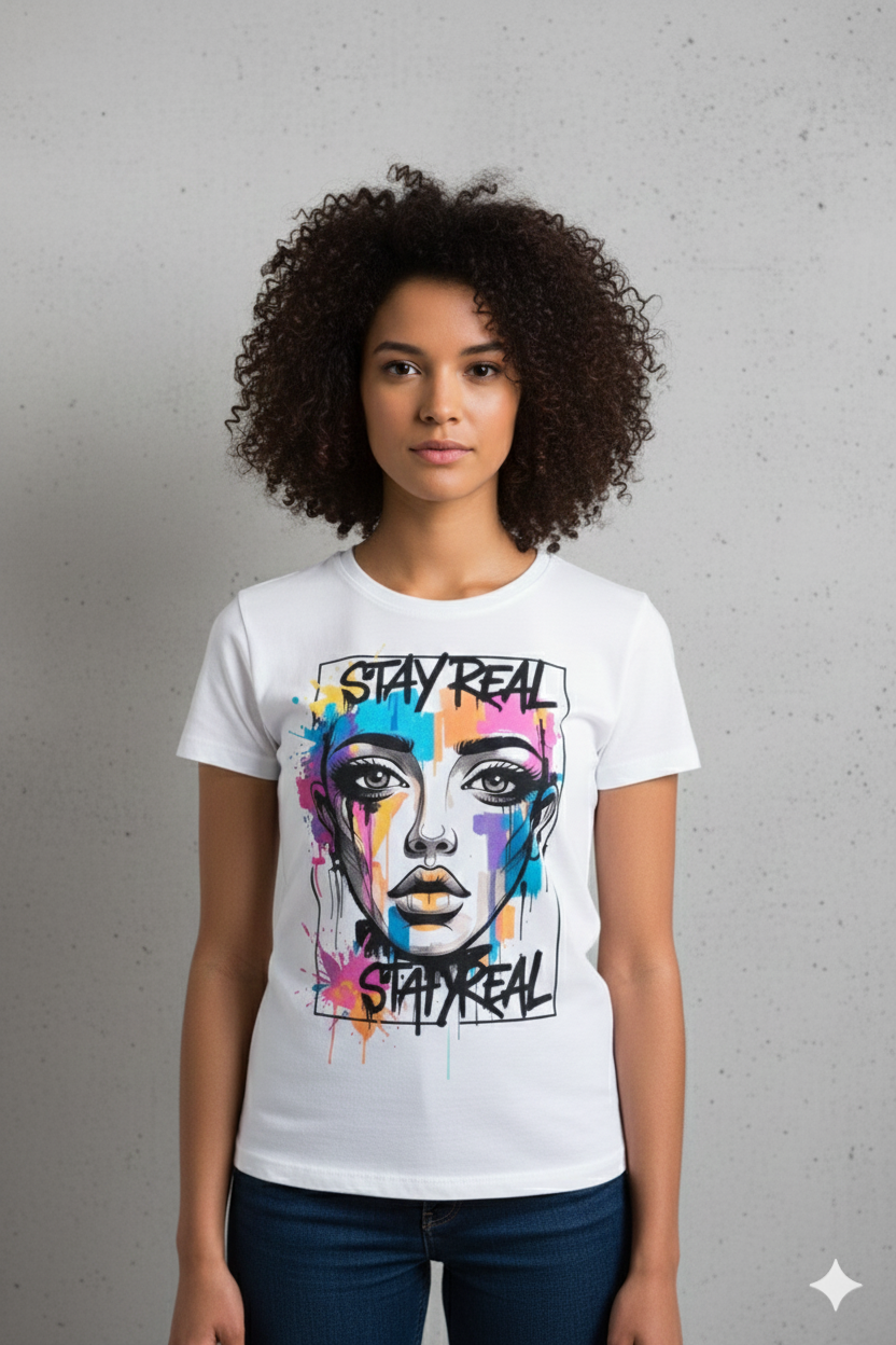Stay Real Colorful Portrait T-Shirt — Artistic Watercolour Face Graphic Tee