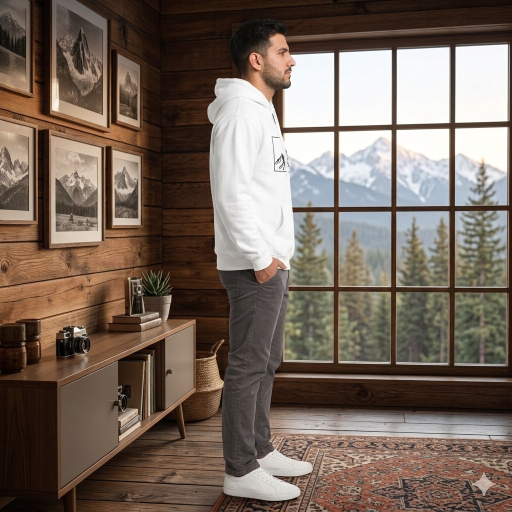 White Unisex Mountain Landscape Hoodie - Casual Graphic Cotton Sweatshirt