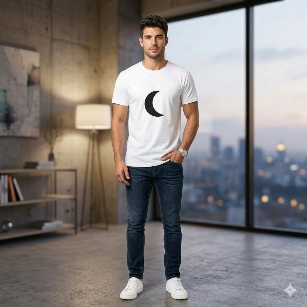 Minimal Crescent Moon Tee — Simple Black Moon Graphic Shirt