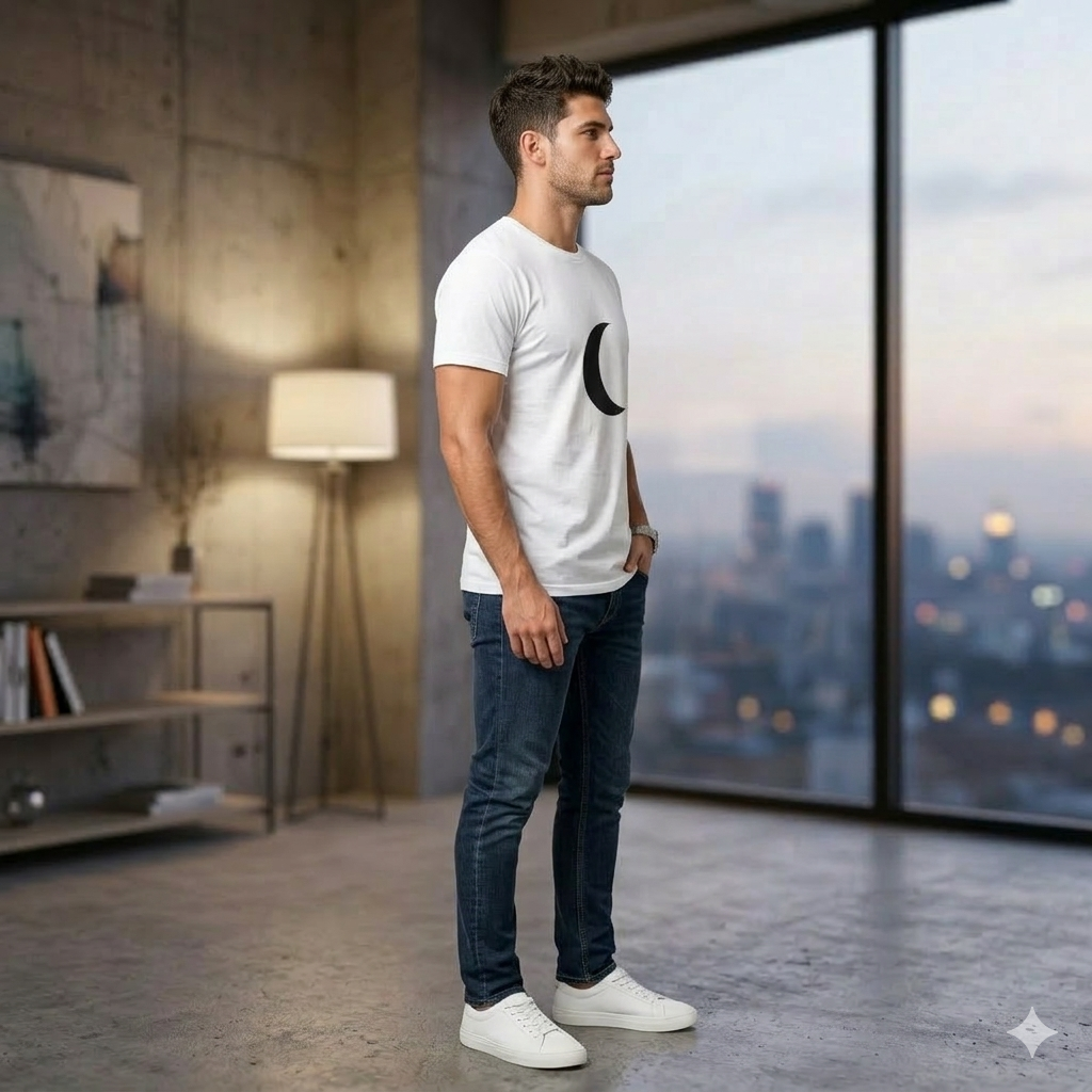 Minimal Crescent Moon Tee — Simple Black Moon Graphic Shirt