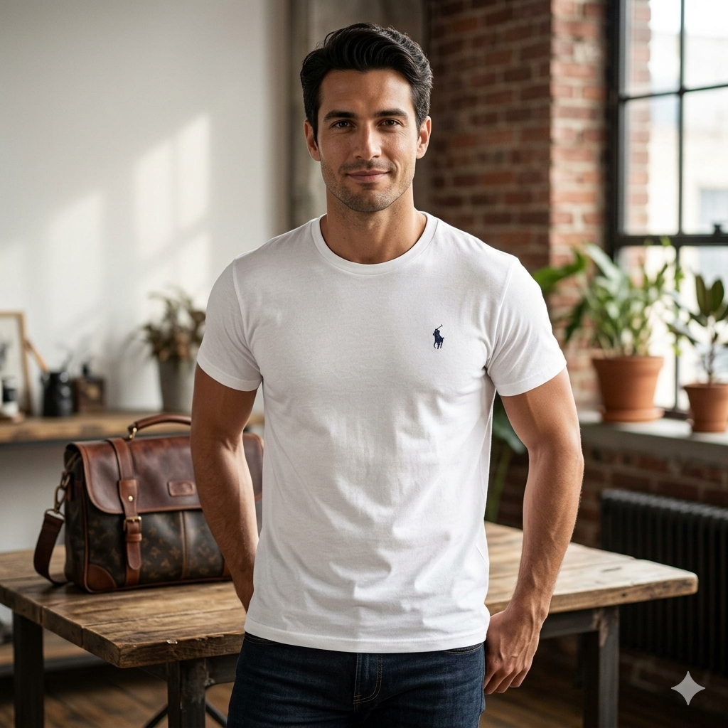 White Mini Polo Logo Tee — Classic Casual Cotton T-Shirt