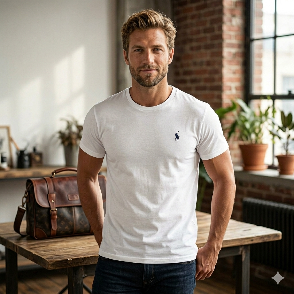 White Mini Polo Logo Tee — Classic Casual Cotton T-Shirt