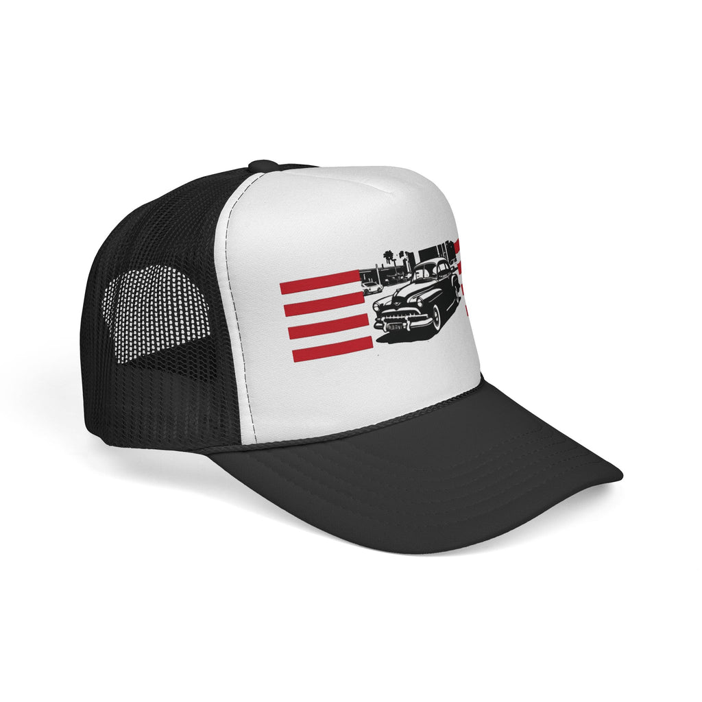 Vintage Classic Car Trucker Cap – Retro American Flag Stripes