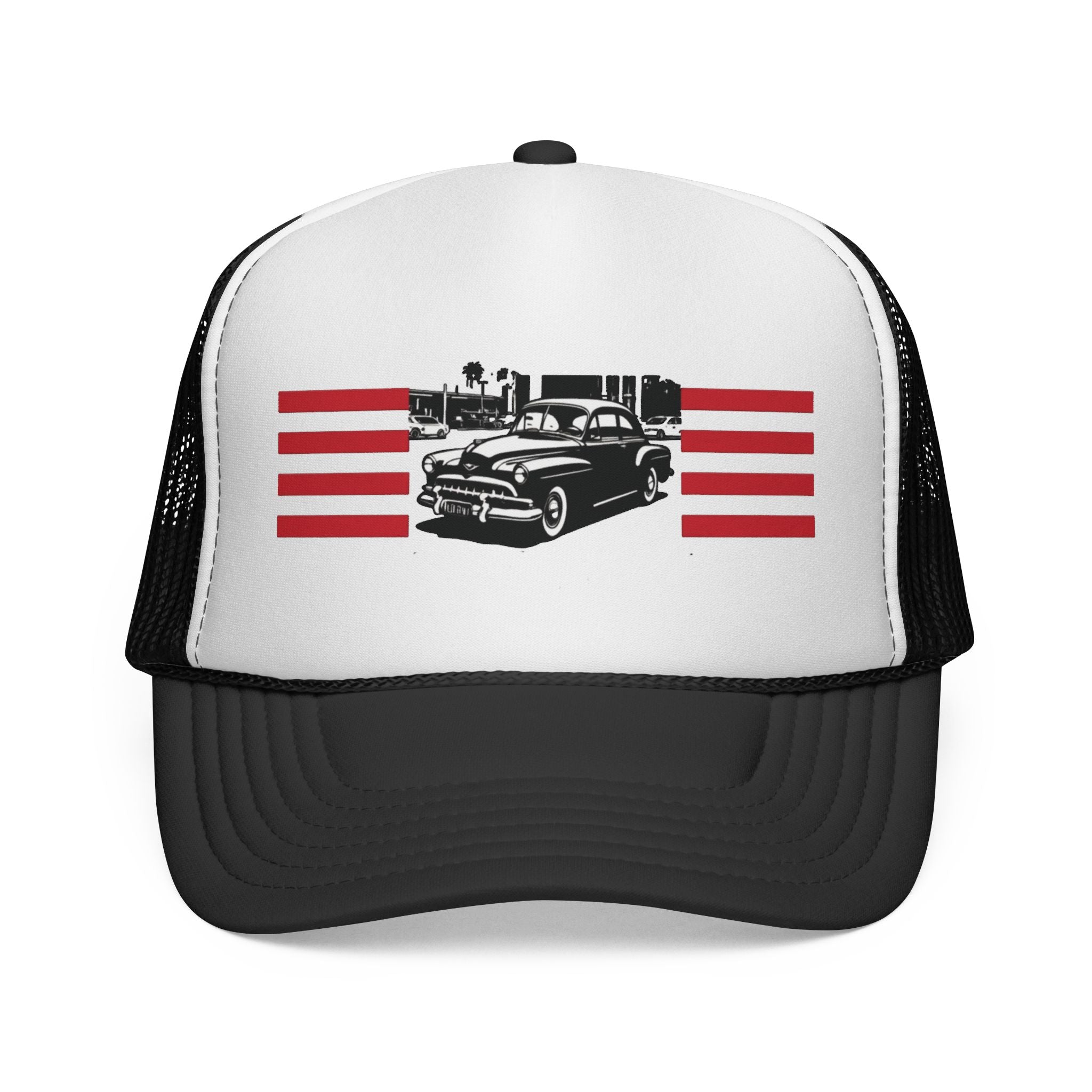 Vintage Classic Car Trucker Cap – Retro American Flag Stripes