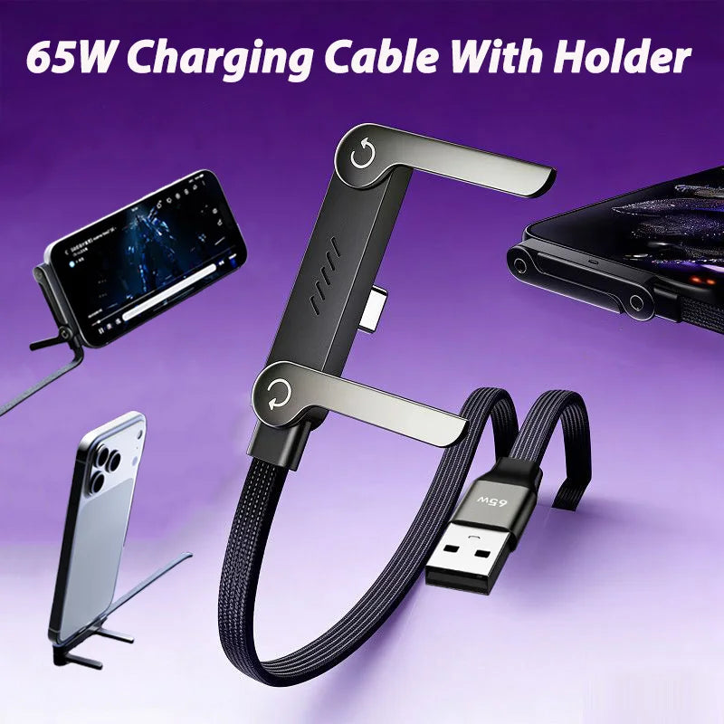 65W USB Fast Charging Cable With Foldable Phone Holder 2-in-1 Type-C Quick Charge Data Wire USB C Charging Line For Mobile Phone