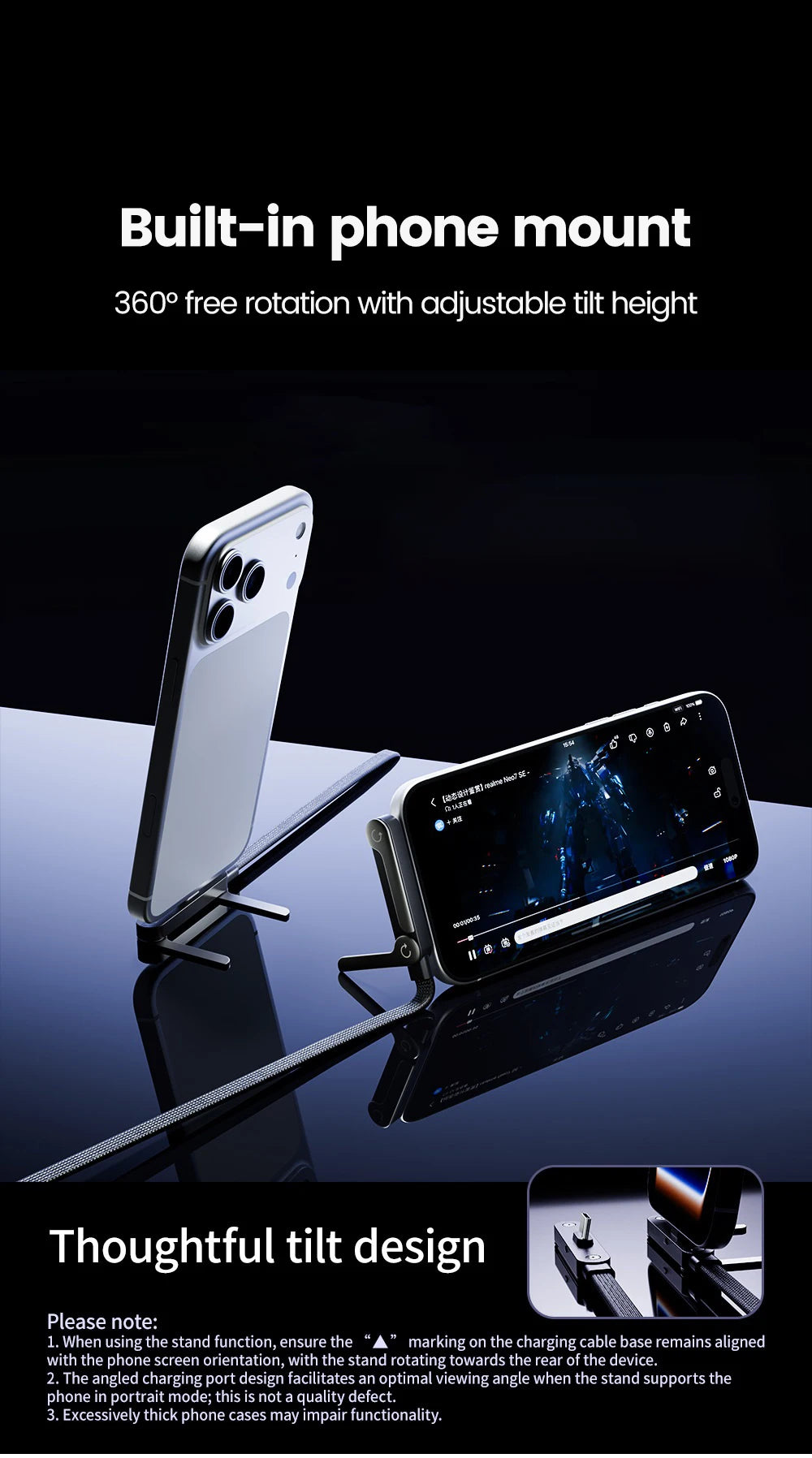 65W USB Fast Charging Cable With Foldable Phone Holder 2-in-1 Type-C Quick Charge Data Wire USB C Charging Line For Mobile Phone